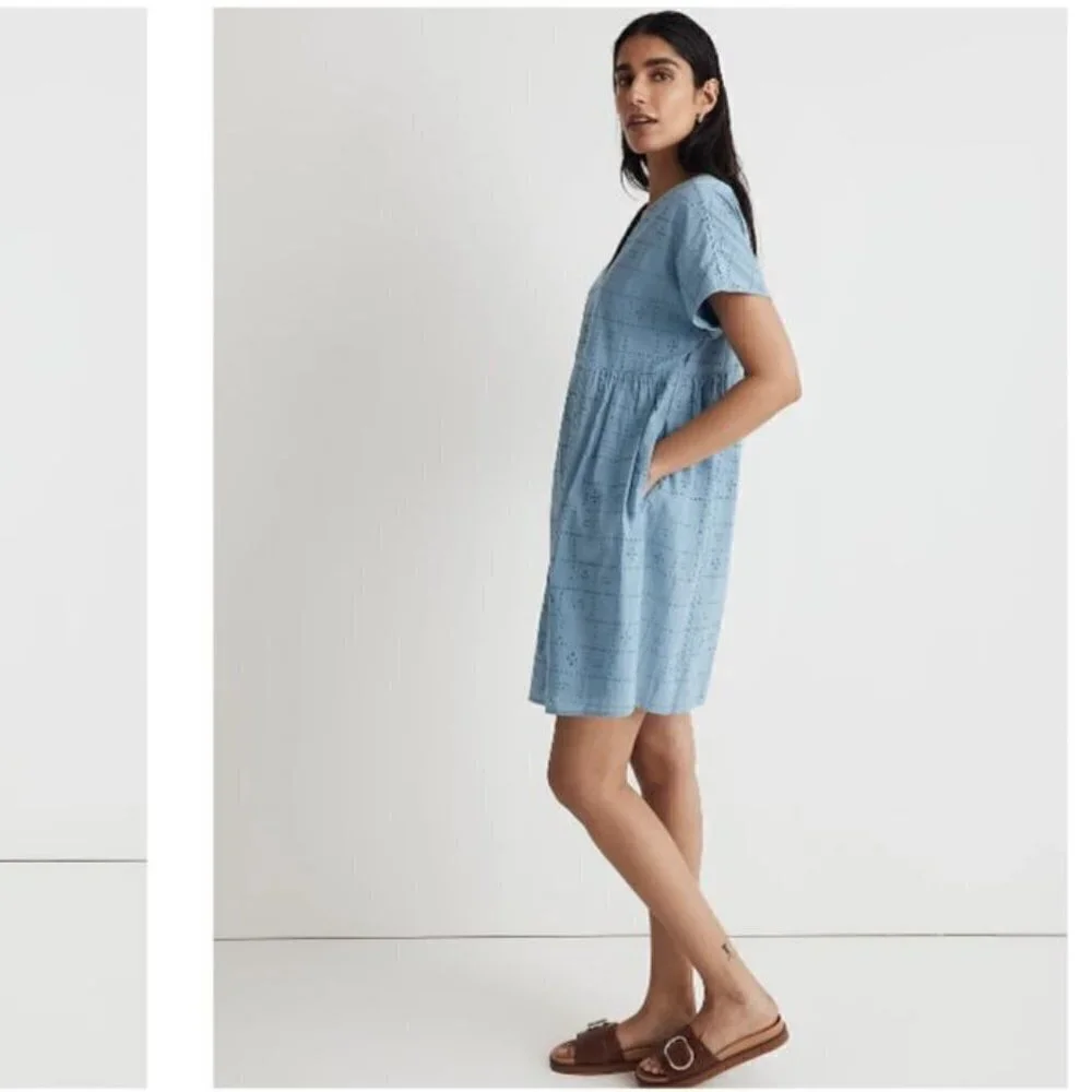 Madewell Button- Front V-neck Flowy A-line Sky Blue Shirt Mini Dress Size Large